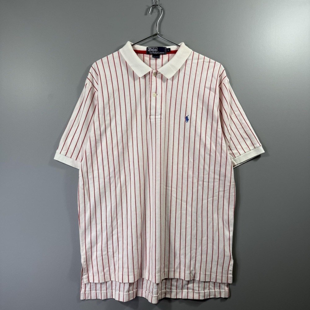 Polo Ralph Lauren Polo Shirt Mens Large White Red Stripe Short Sleeve Pique